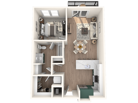 A 3D floor plan of a small apartment with a kitchen, living room, and bathroom.